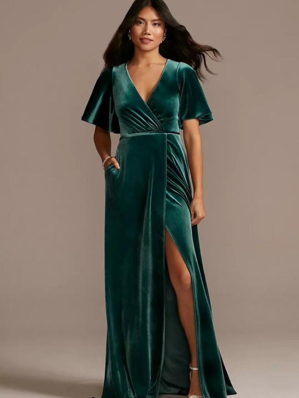 David’s Bridal DB Studio Emerald Green Velvet Maxi Dress Size 18